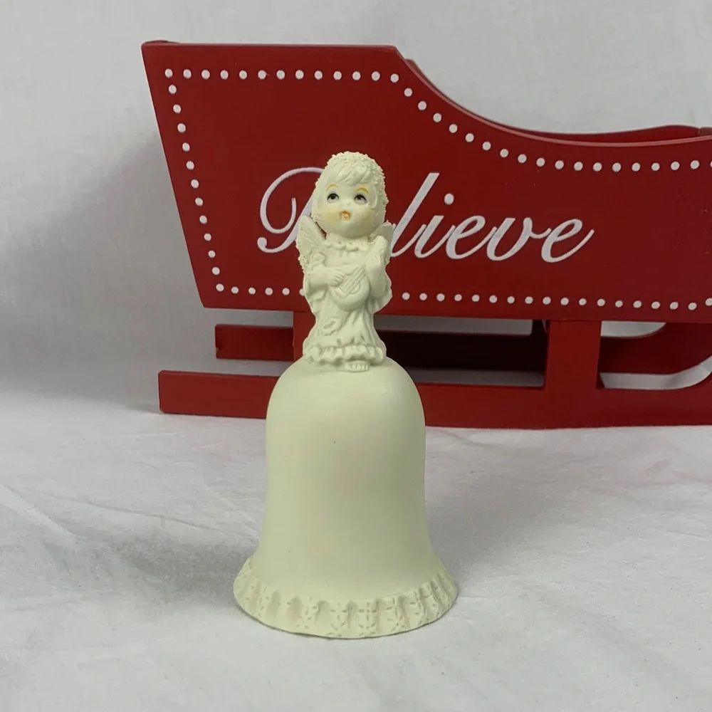 Vintage Holiday Angel Bell Figurine Cream  In Original Box Holiday Decor